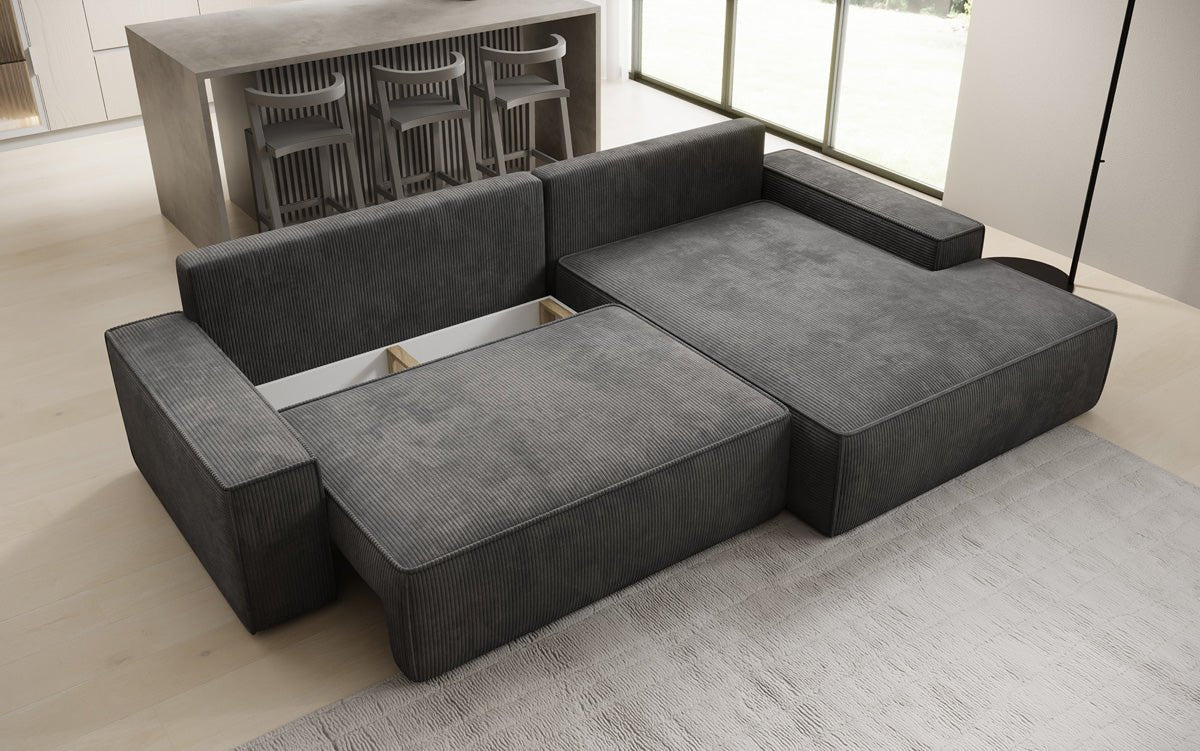 Designbank Verona met brede ottomane met slaap- en uitklapfunctie in Ribstof