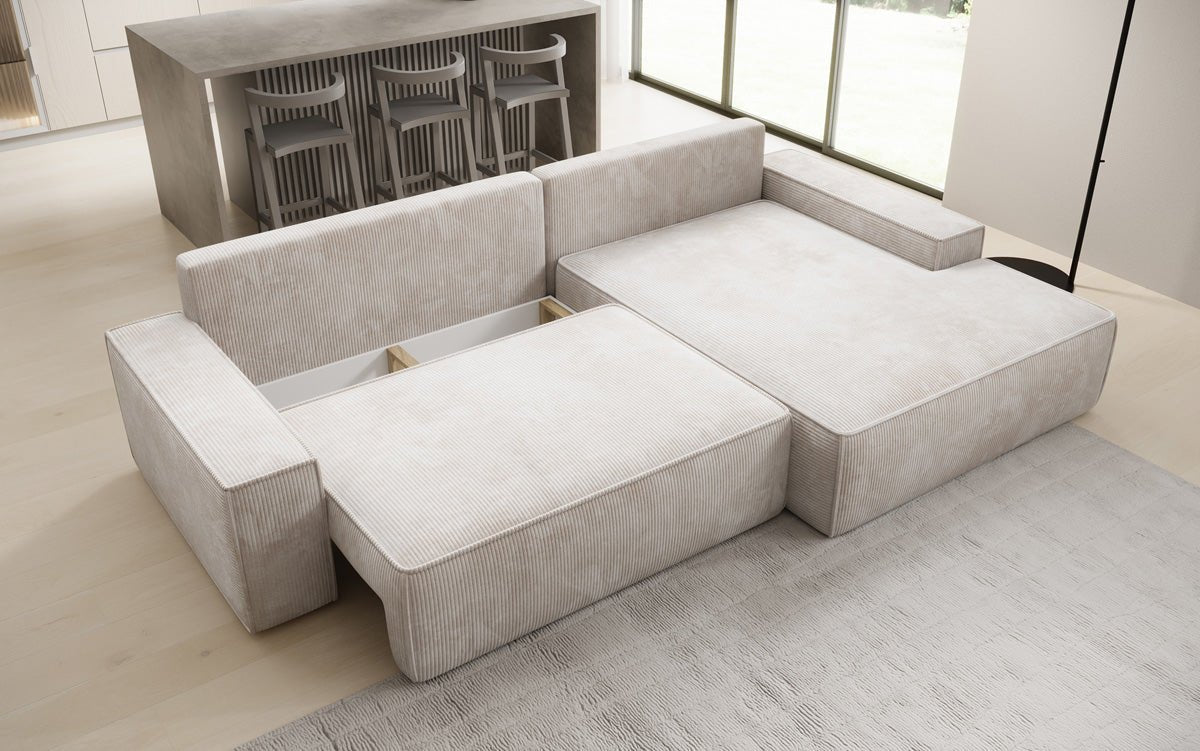 Designbank Verona met brede ottomane met slaap- en uitklapfunctie in Ribstof