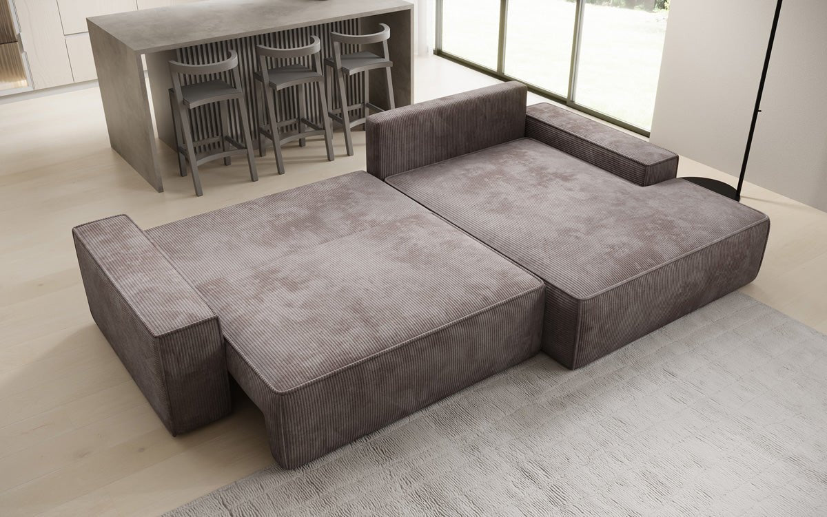 Designbank Verona met brede ottomane met slaap- en uitklapfunctie in Ribstof
