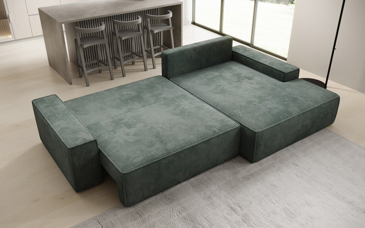 Designbank Verona met brede ottomane met slaap- en uitklapfunctie in Ribstof