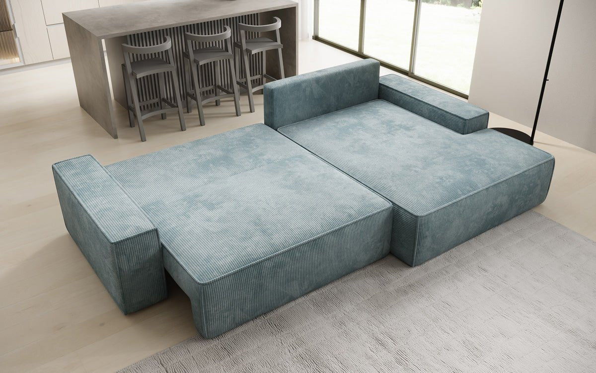 Designbank Verona met brede ottomane met slaap- en uitklapfunctie in Ribstof