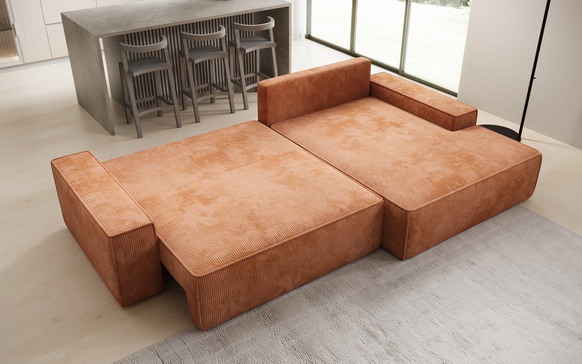 Designbank Verona met brede ottomane met slaap- en uitklapfunctie in Ribstof