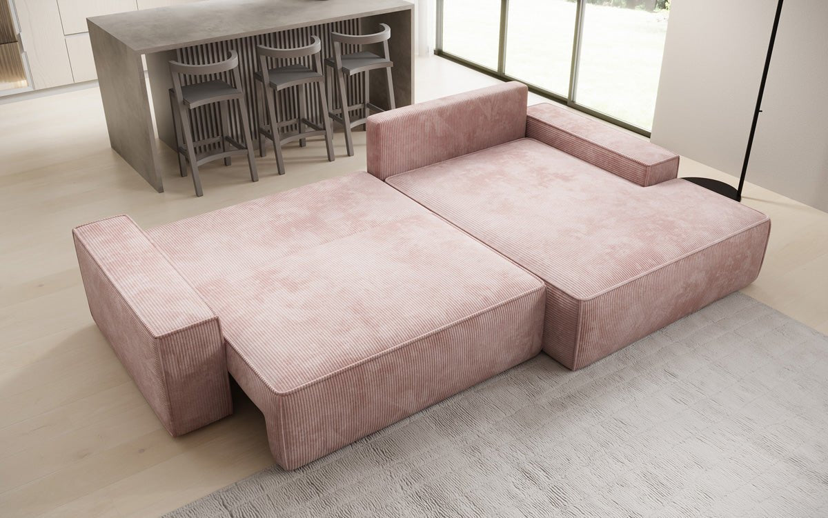 Designbank Verona met brede ottomane met slaap- en uitklapfunctie in Ribstof