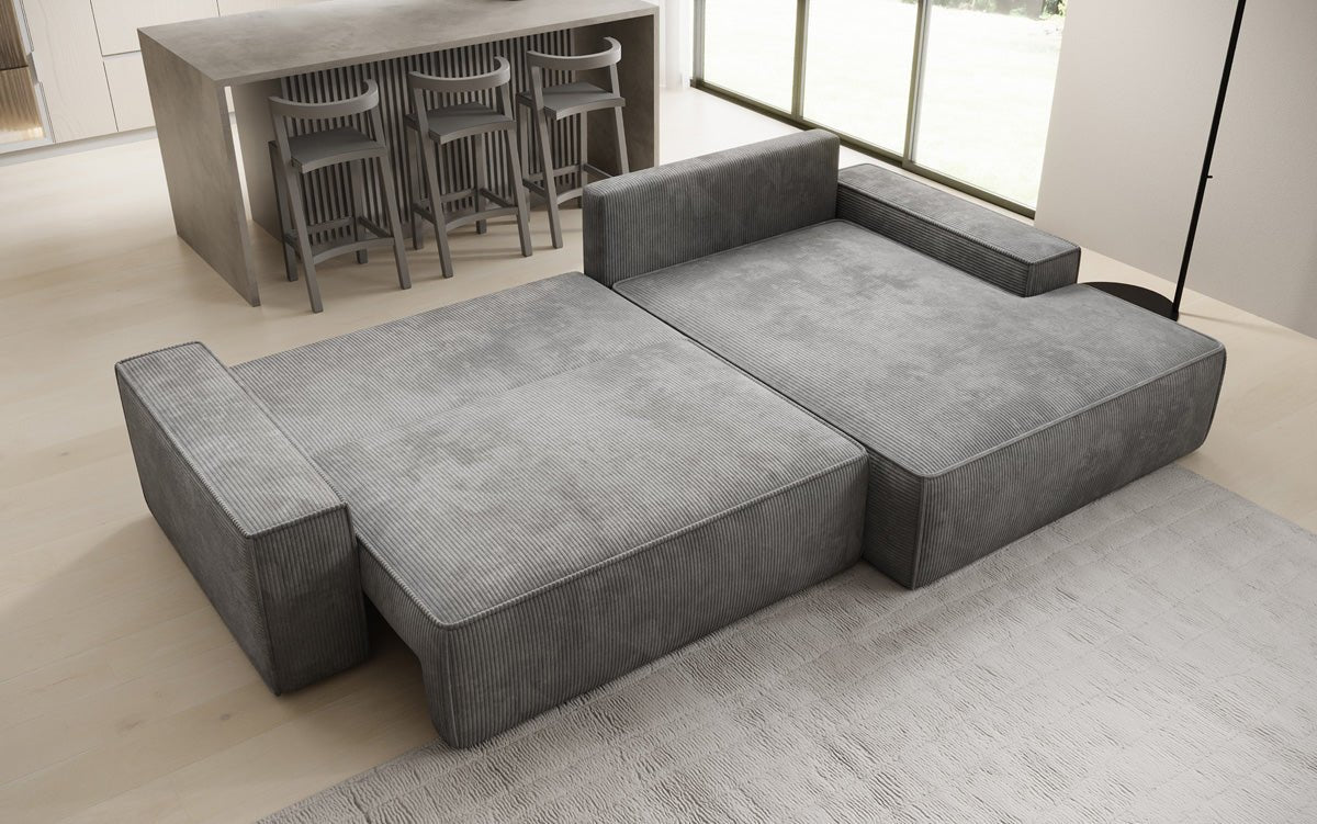 Designbank Verona met brede ottomane met slaap- en uitklapfunctie in Ribstof