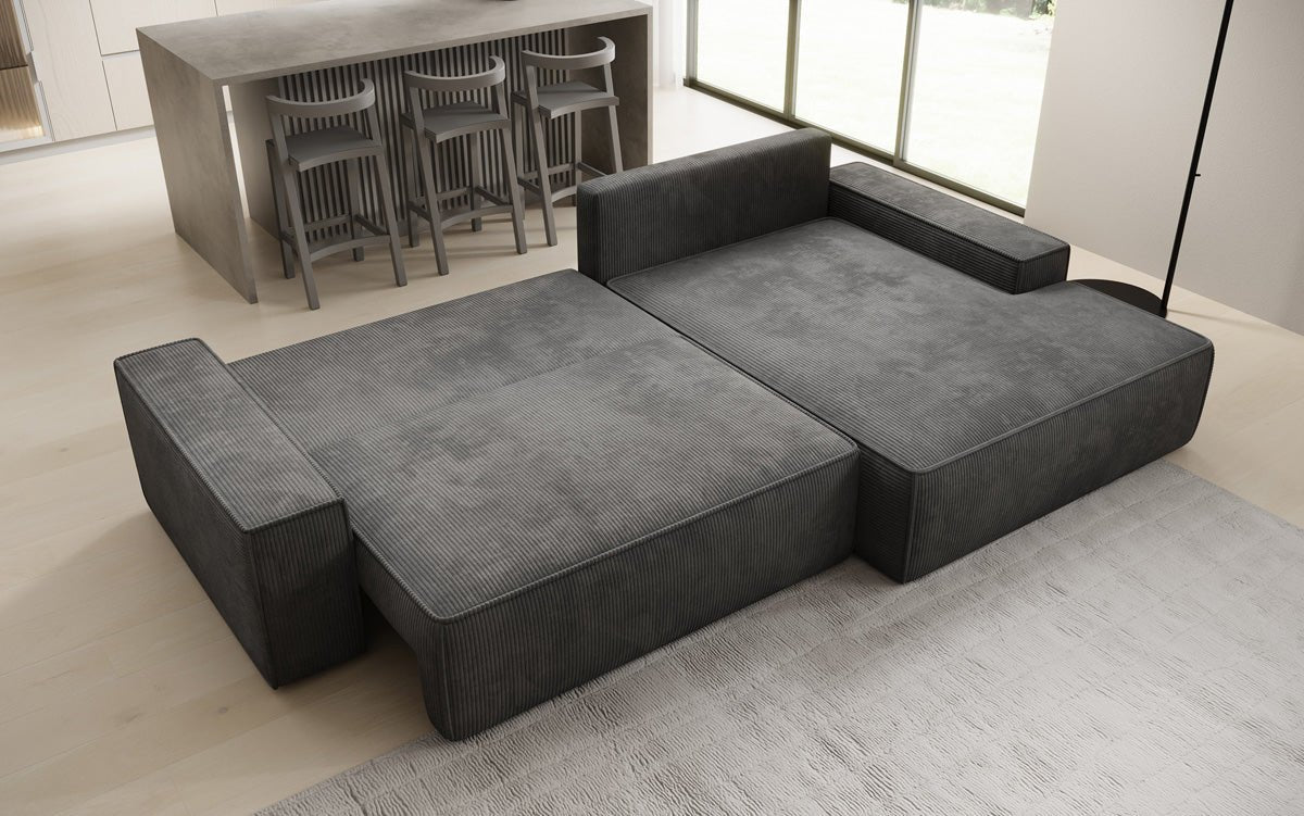 Designbank Verona met brede ottomane met slaap- en uitklapfunctie in Ribstof