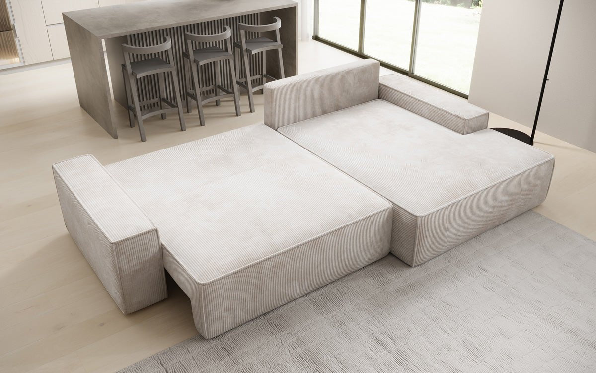 Designbank Verona met brede ottomane met slaap- en uitklapfunctie in Ribstof