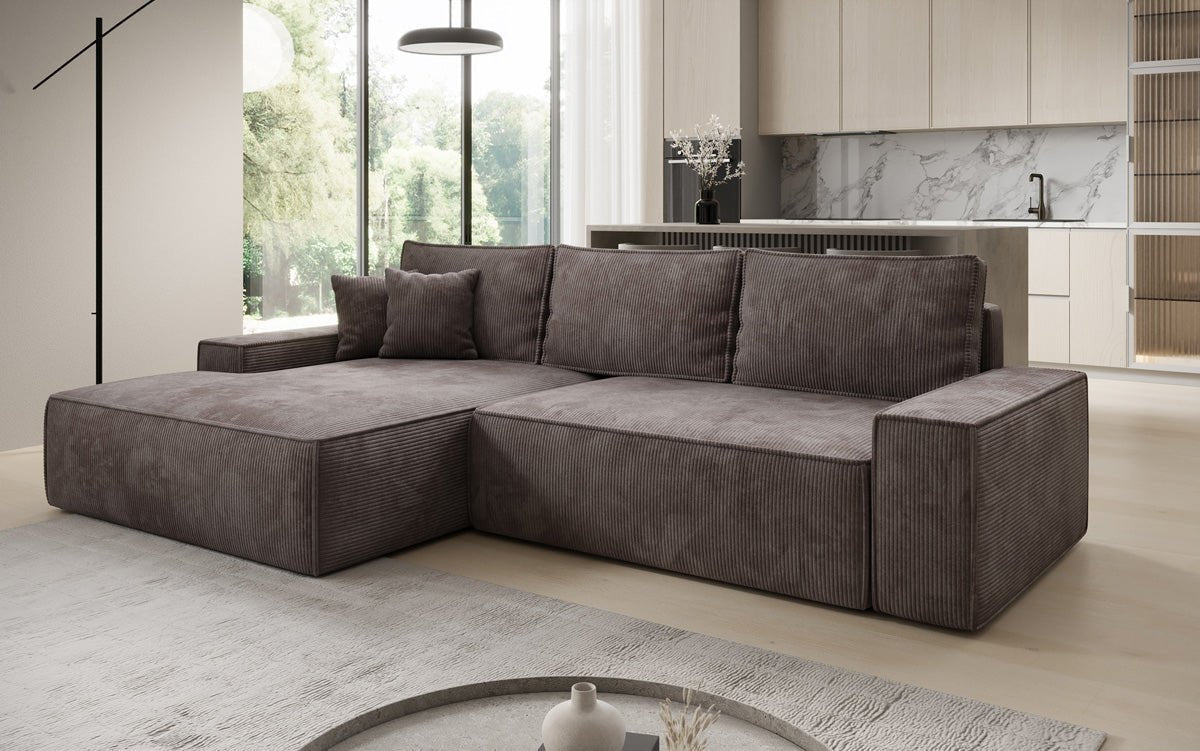 Designbank Verona met brede ottomane met slaap- en uitklapfunctie in Ribstof