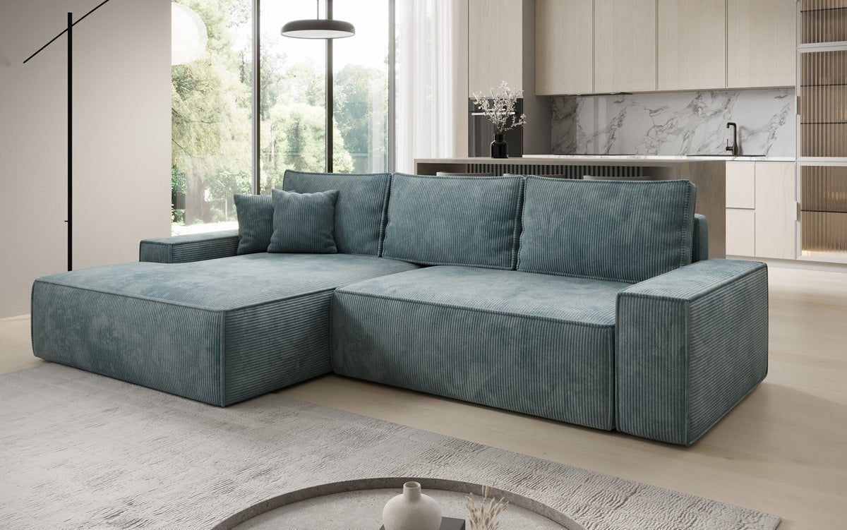 Designbank Verona met brede ottomane met slaap- en uitklapfunctie in Ribstof