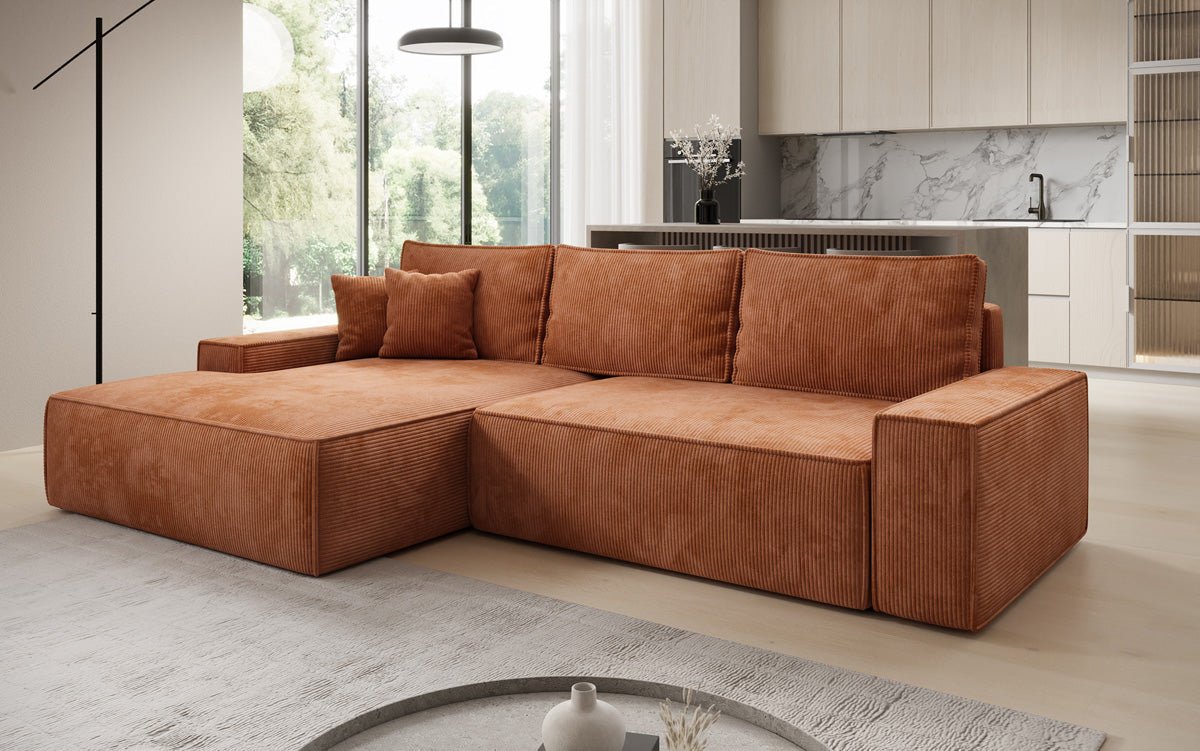 Designbank Verona met brede ottomane met slaap- en uitklapfunctie in Ribstof