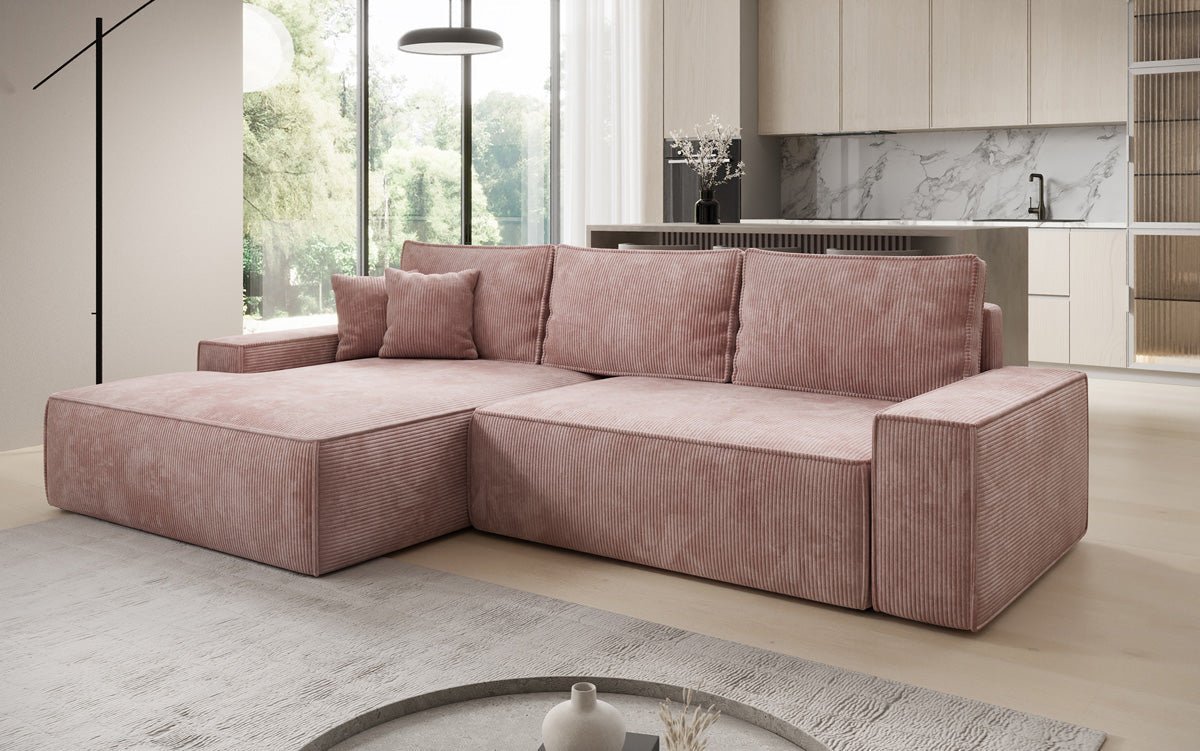 Designbank Verona met brede ottomane met slaap- en uitklapfunctie in Ribstof