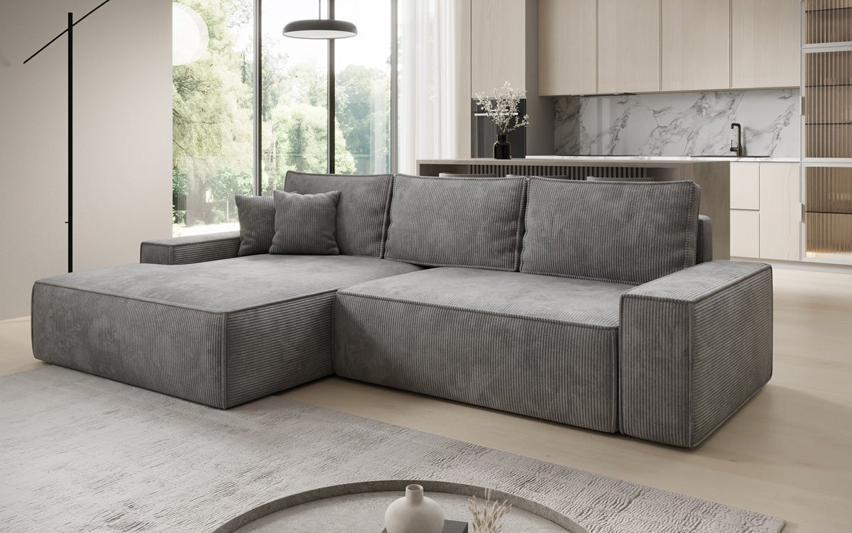 Designbank Verona met brede ottomane met slaap- en uitklapfunctie in Ribstof