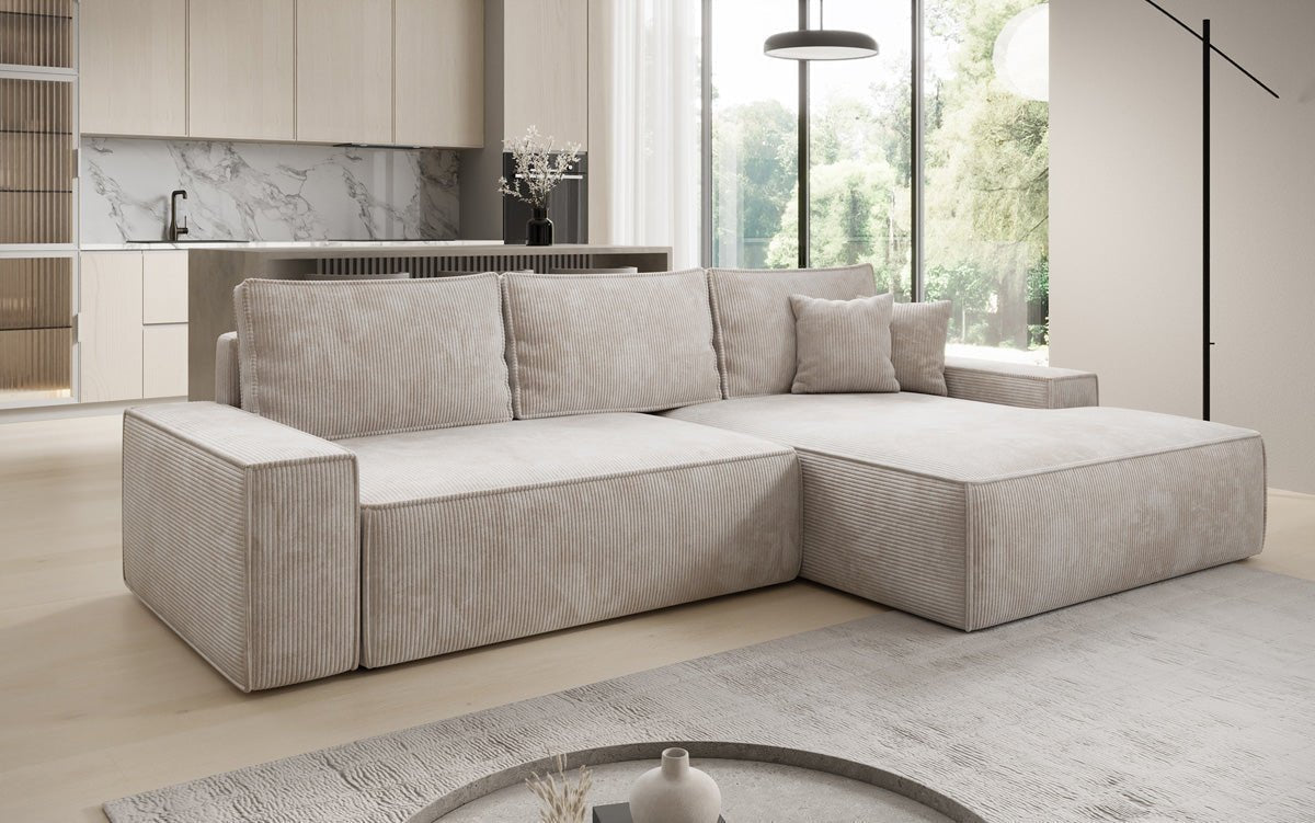 Designbank Verona met brede ottomane met slaap- en uitklapfunctie in Ribstof