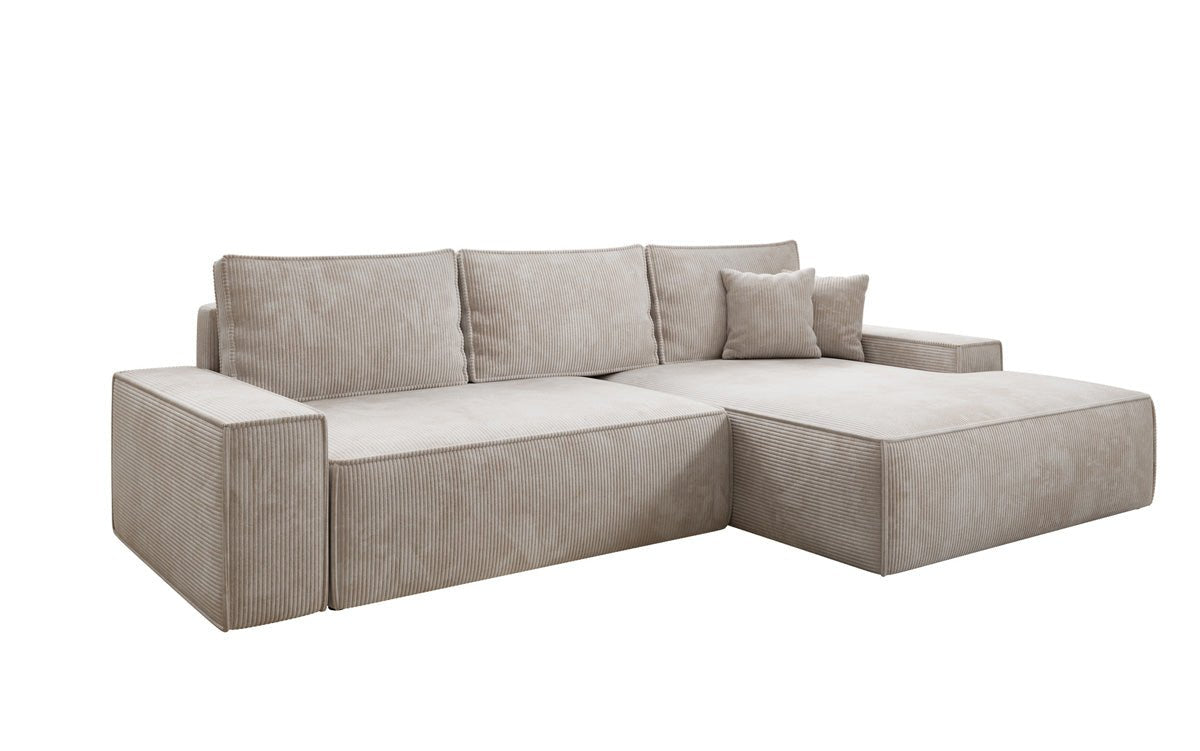 Designbank Verona met brede ottomane met slaap- en uitklapfunctie in Ribstof