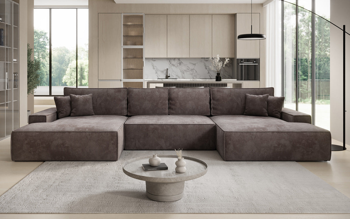 Designsofa Verona U met brede ottomane, slaapfunctie en opbergruimte in Ribstof