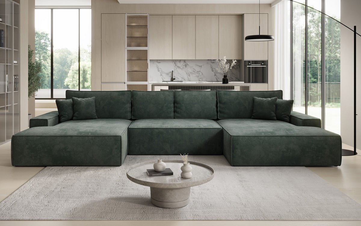 Designsofa Verona U met brede ottomane, slaapfunctie en opbergruimte in Ribstof