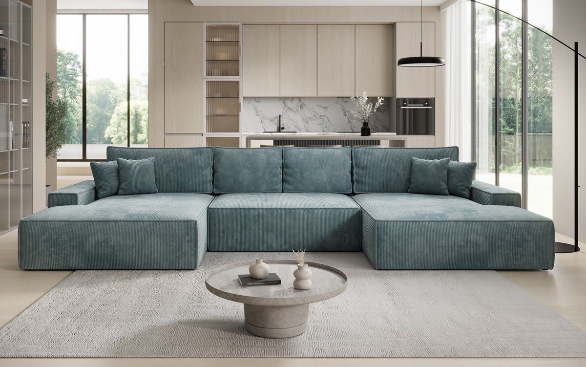 Designsofa Verona U met brede ottomane, slaapfunctie en opbergruimte in Ribstof