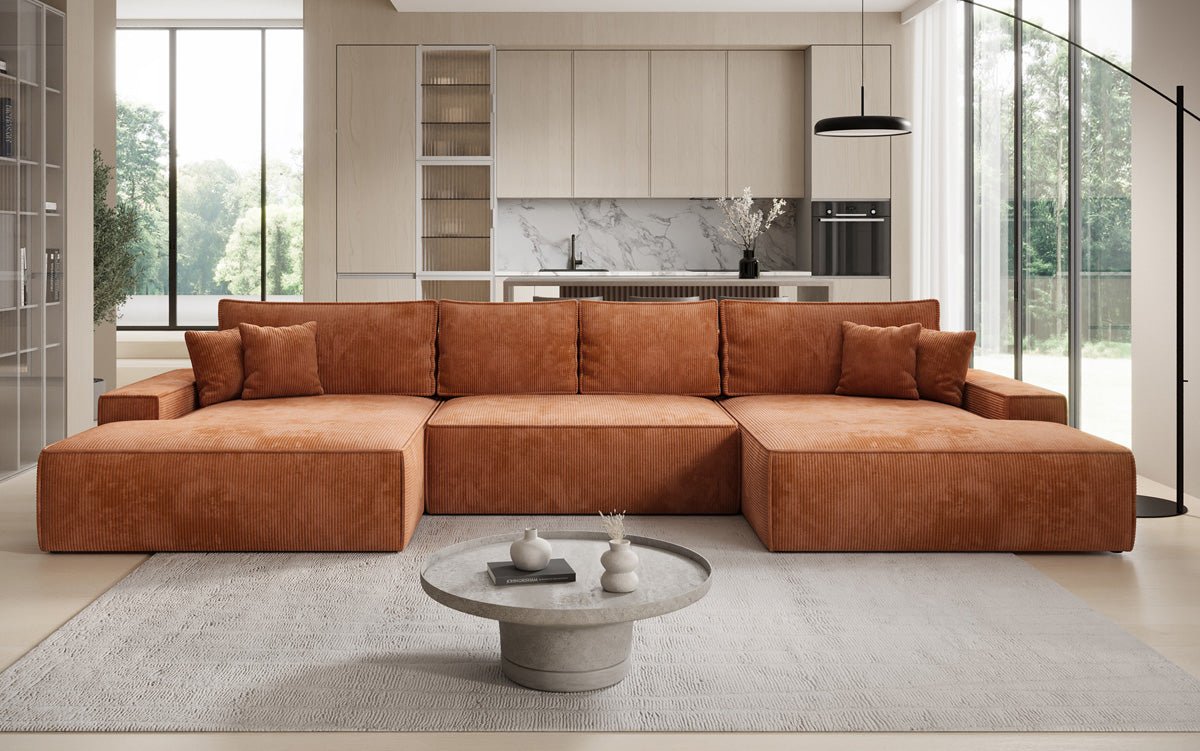 Designsofa Verona U met brede ottomane, slaapfunctie en opbergruimte in Ribstof