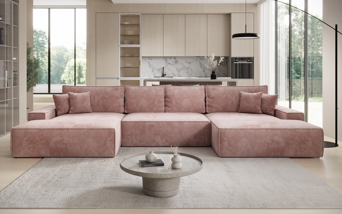 Designsofa Verona U met brede ottomane, slaapfunctie en opbergruimte in Ribstof