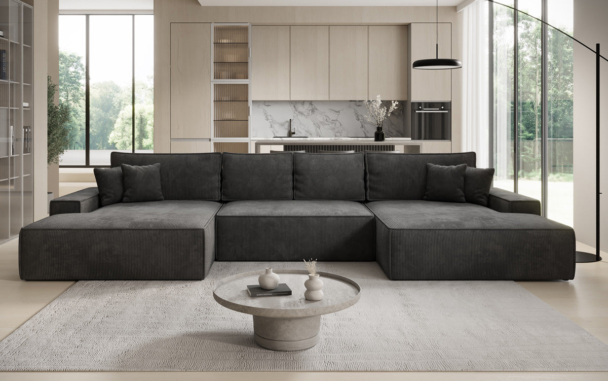Designsofa Verona U met brede ottomane, slaapfunctie en opbergruimte in Ribstof