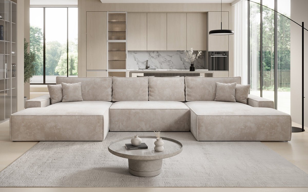 Designsofa Verona U met brede ottomane, slaapfunctie en opbergruimte in Ribstof