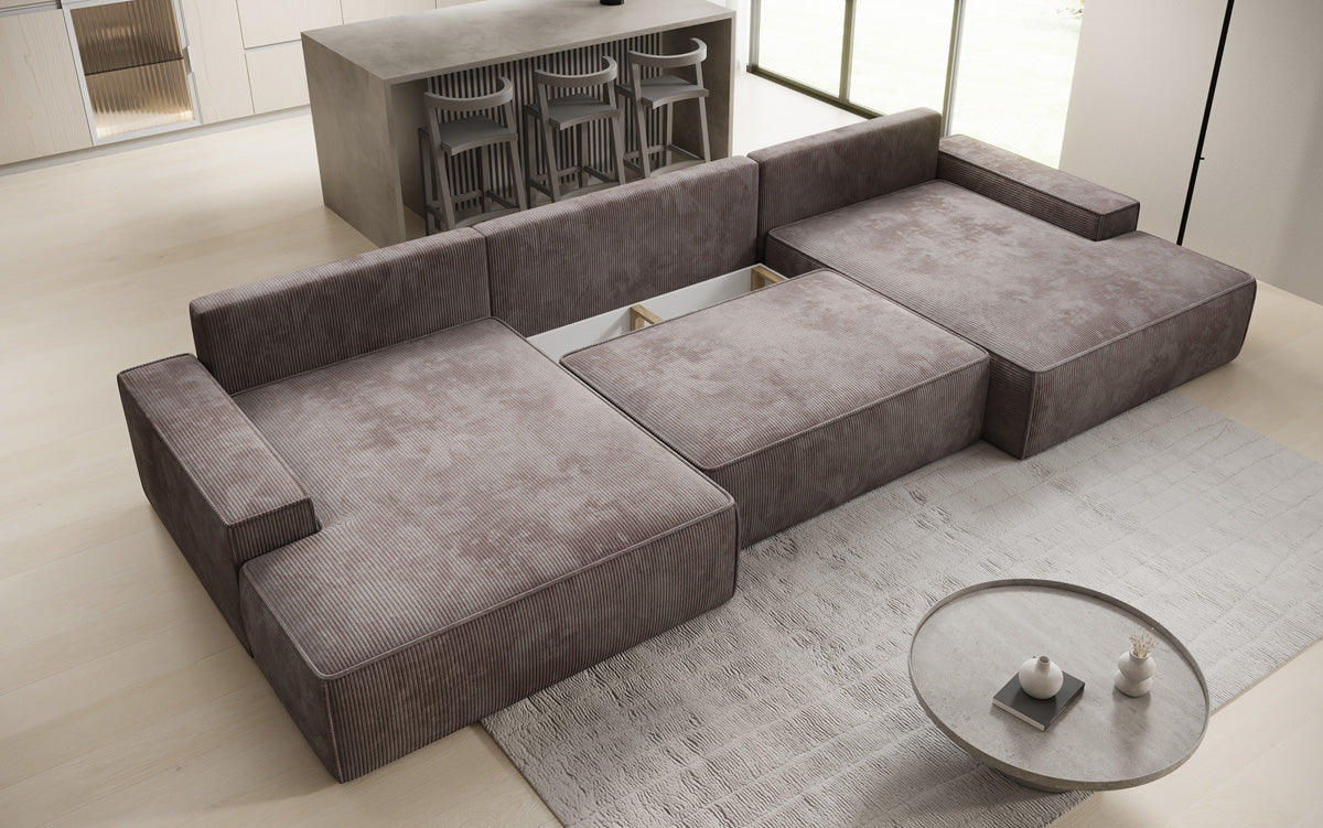 Designsofa Verona U met brede ottomane, slaapfunctie en opbergruimte in Ribstof