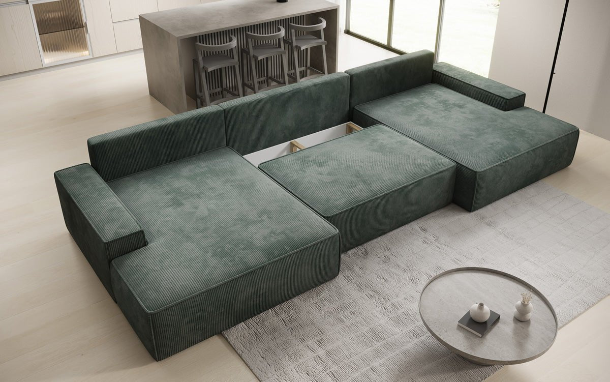 Designsofa Verona U met brede ottomane, slaapfunctie en opbergruimte in Ribstof