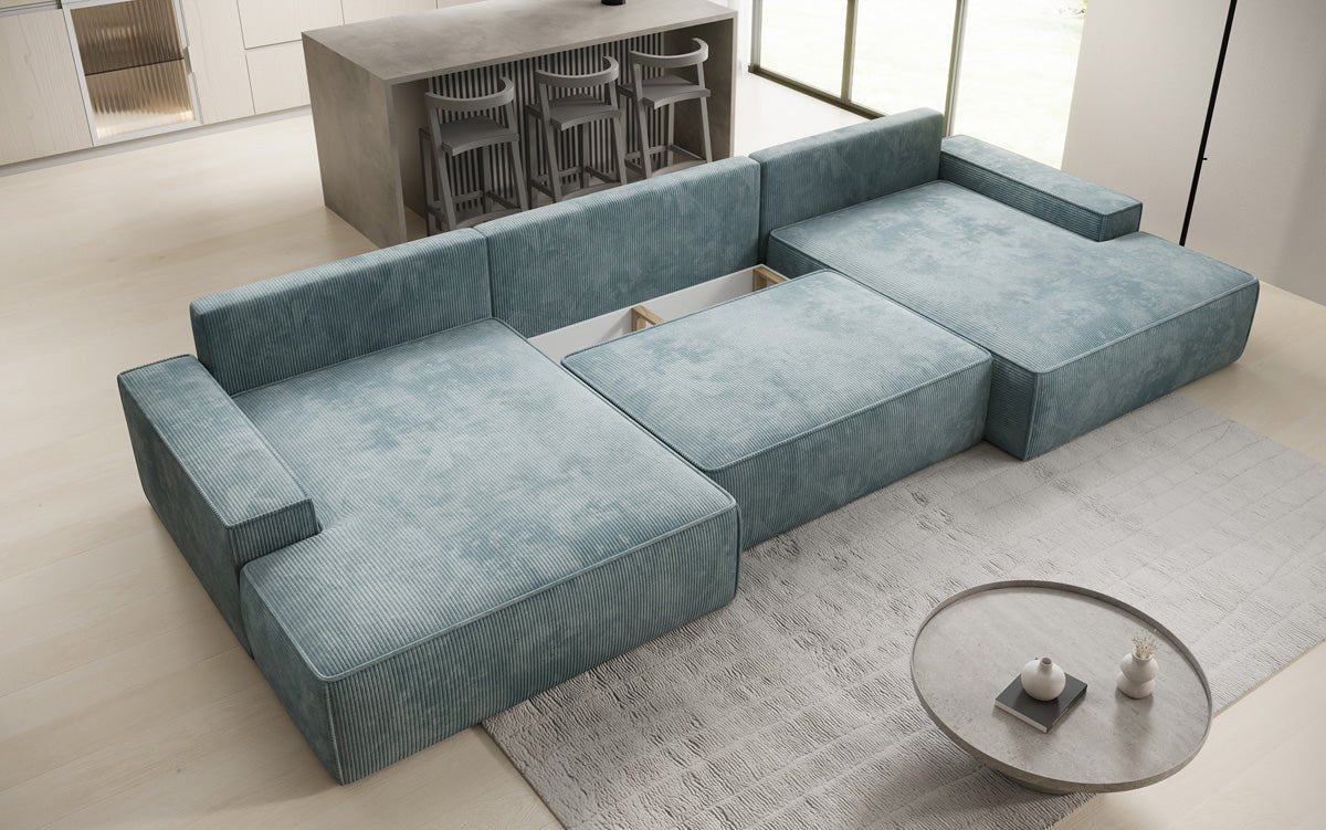 Designsofa Verona U met brede ottomane, slaapfunctie en opbergruimte in Ribstof