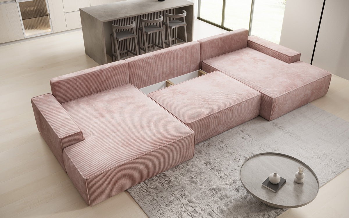 Designsofa Verona U met brede ottomane, slaapfunctie en opbergruimte in Ribstof