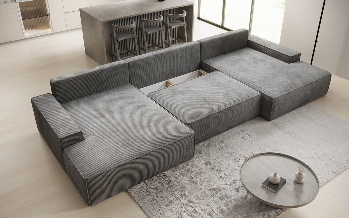 Designsofa Verona U met brede ottomane, slaapfunctie en opbergruimte in Ribstof