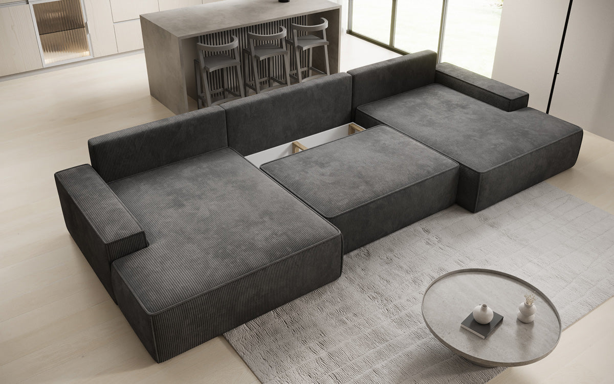 Designsofa Verona U met brede ottomane, slaapfunctie en opbergruimte in Ribstof