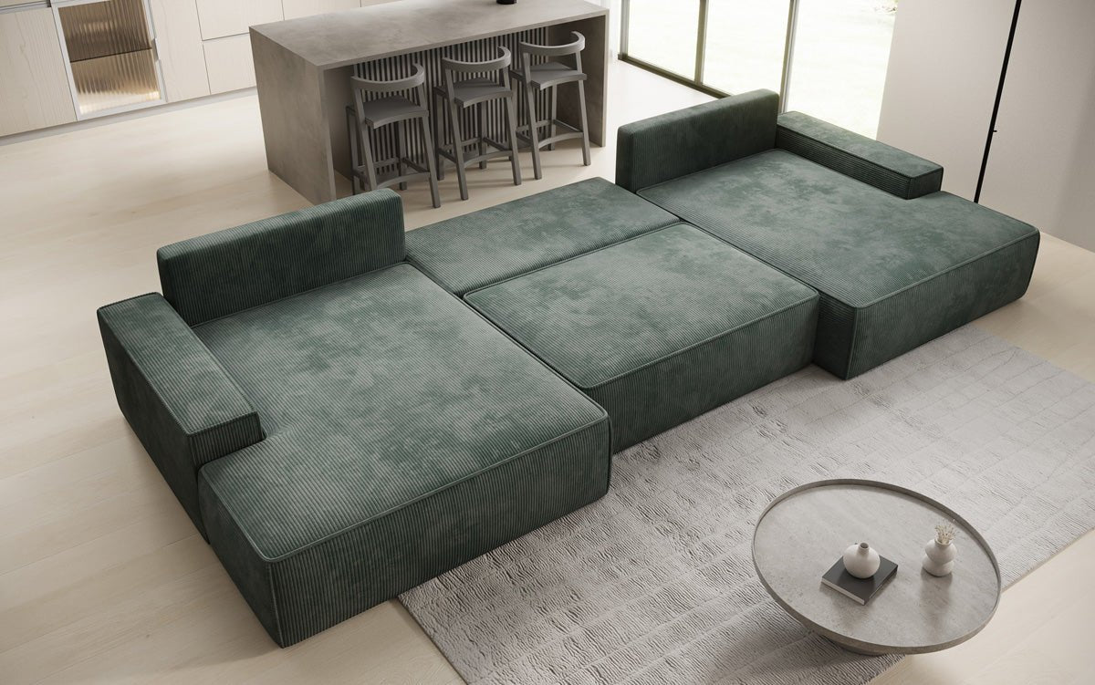 Designsofa Verona U met brede ottomane, slaapfunctie en opbergruimte in Ribstof