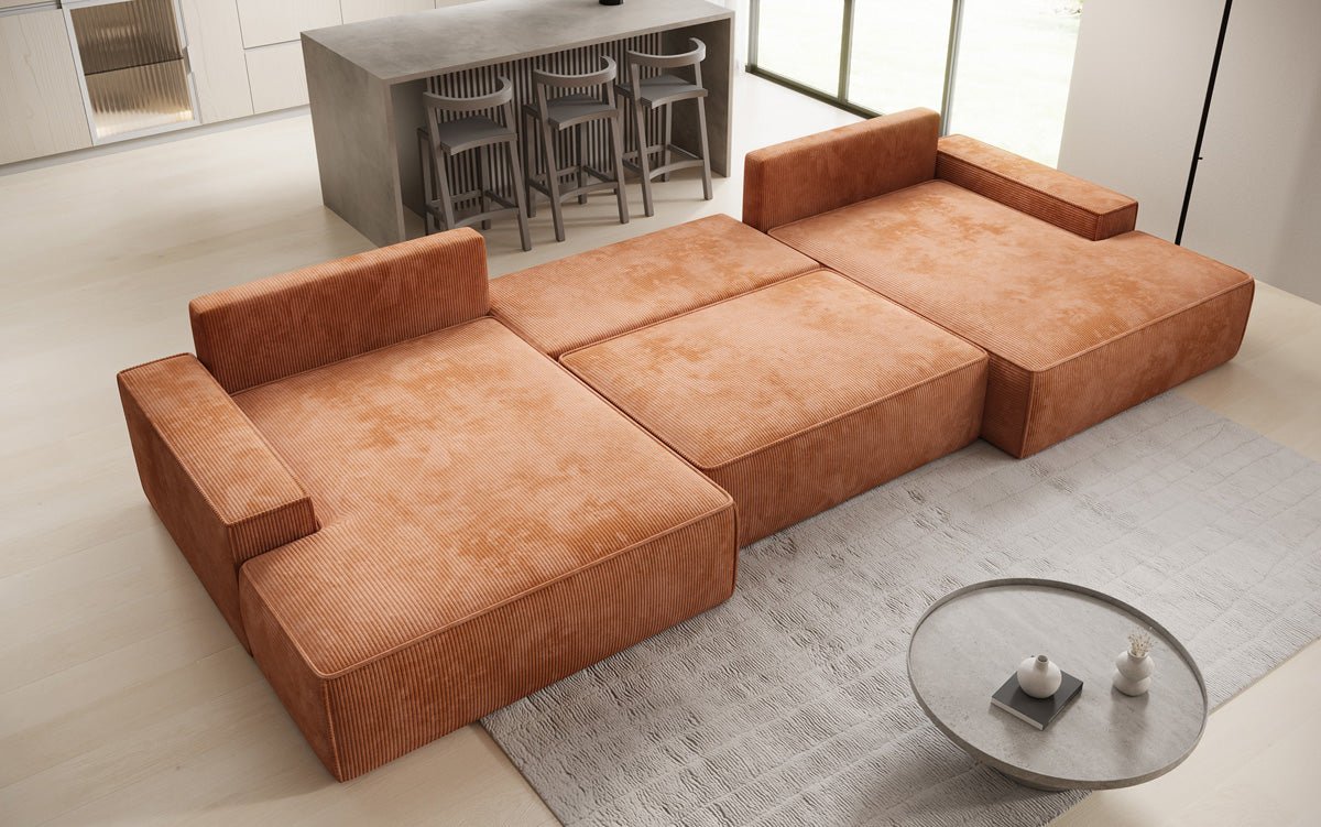 Designsofa Verona U met brede ottomane, slaapfunctie en opbergruimte in Ribstof