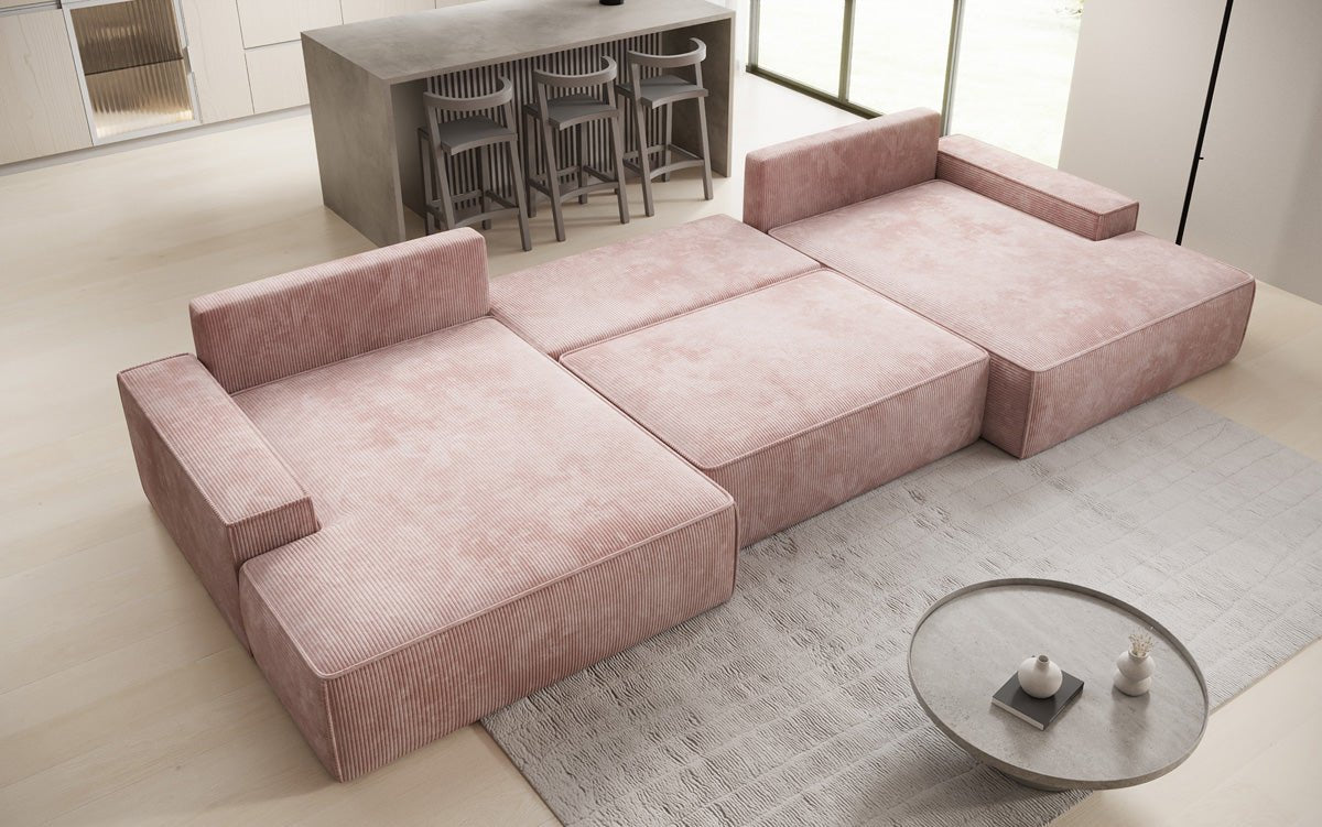 Designsofa Verona U met brede ottomane, slaapfunctie en opbergruimte in Ribstof