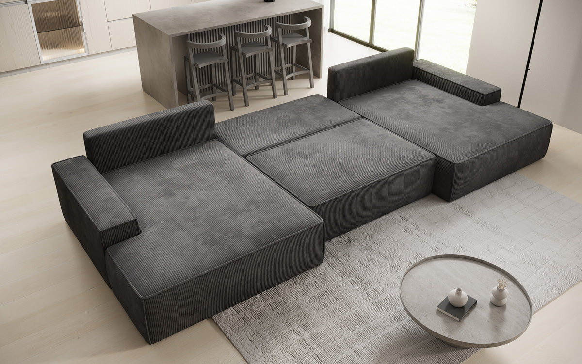 Designsofa Verona U met brede ottomane, slaapfunctie en opbergruimte in Ribstof