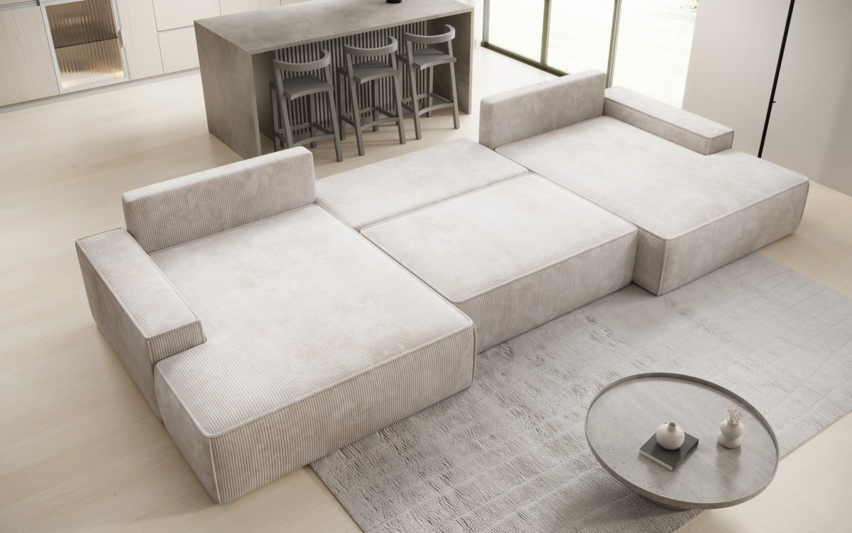 Designsofa Verona U met brede ottomane, slaapfunctie en opbergruimte in Ribstof