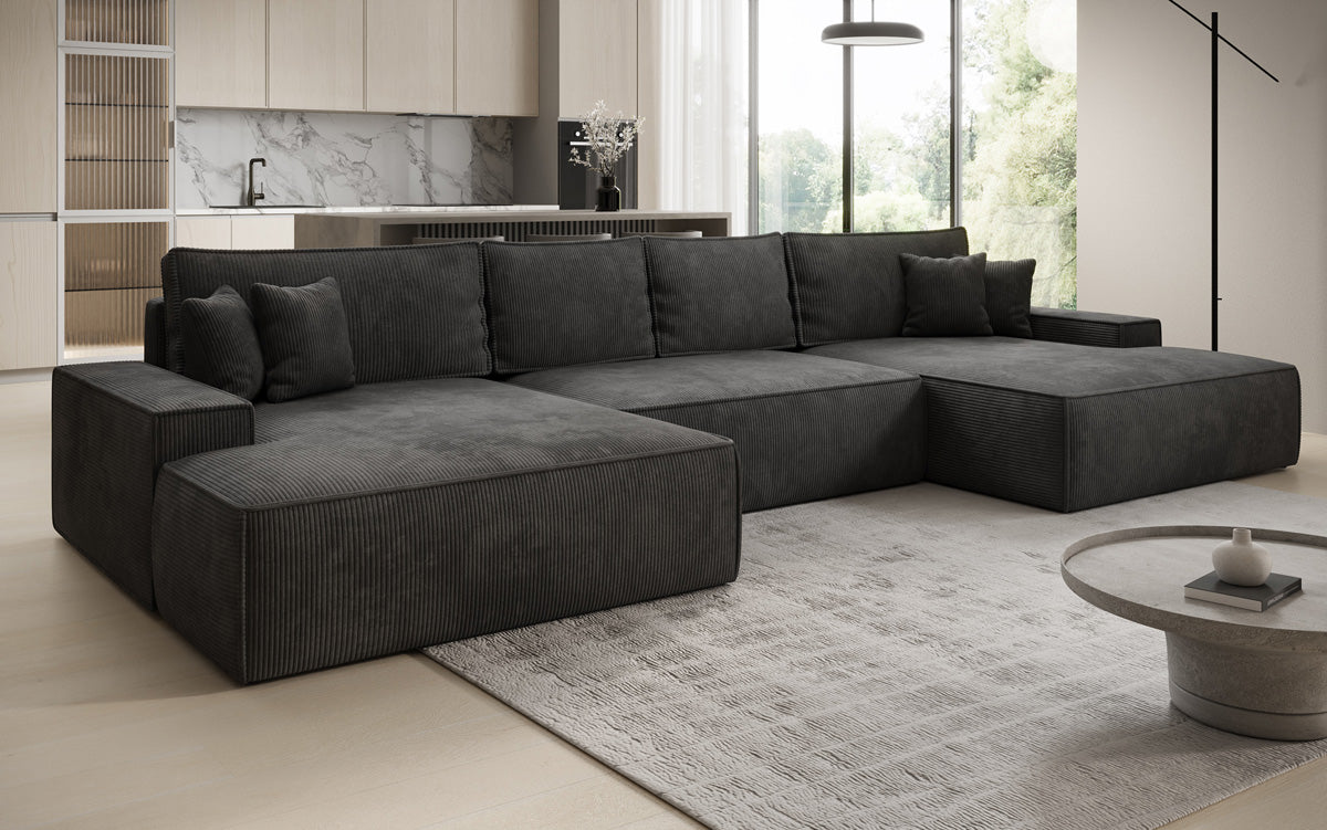 Designsofa Verona U met brede ottomane, slaapfunctie en opbergruimte in Ribstof