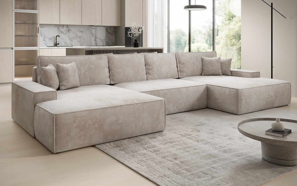Designsofa Verona U met brede ottomane, slaapfunctie en opbergruimte in Ribstof