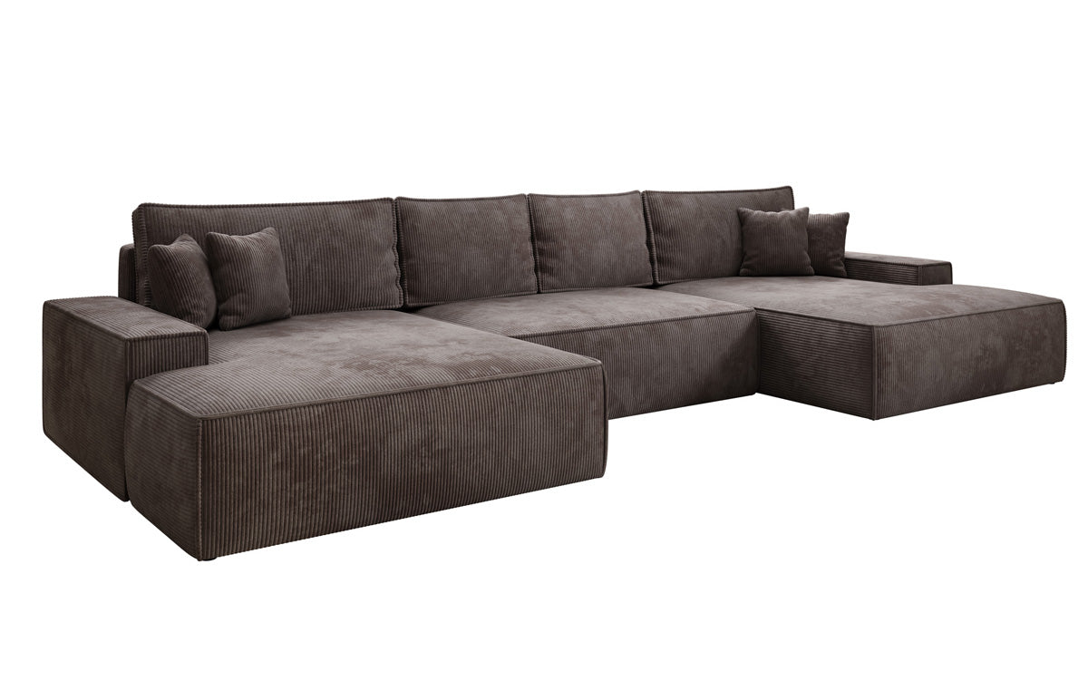 Designsofa Verona U met brede ottomane, slaapfunctie en opbergruimte in Ribstof