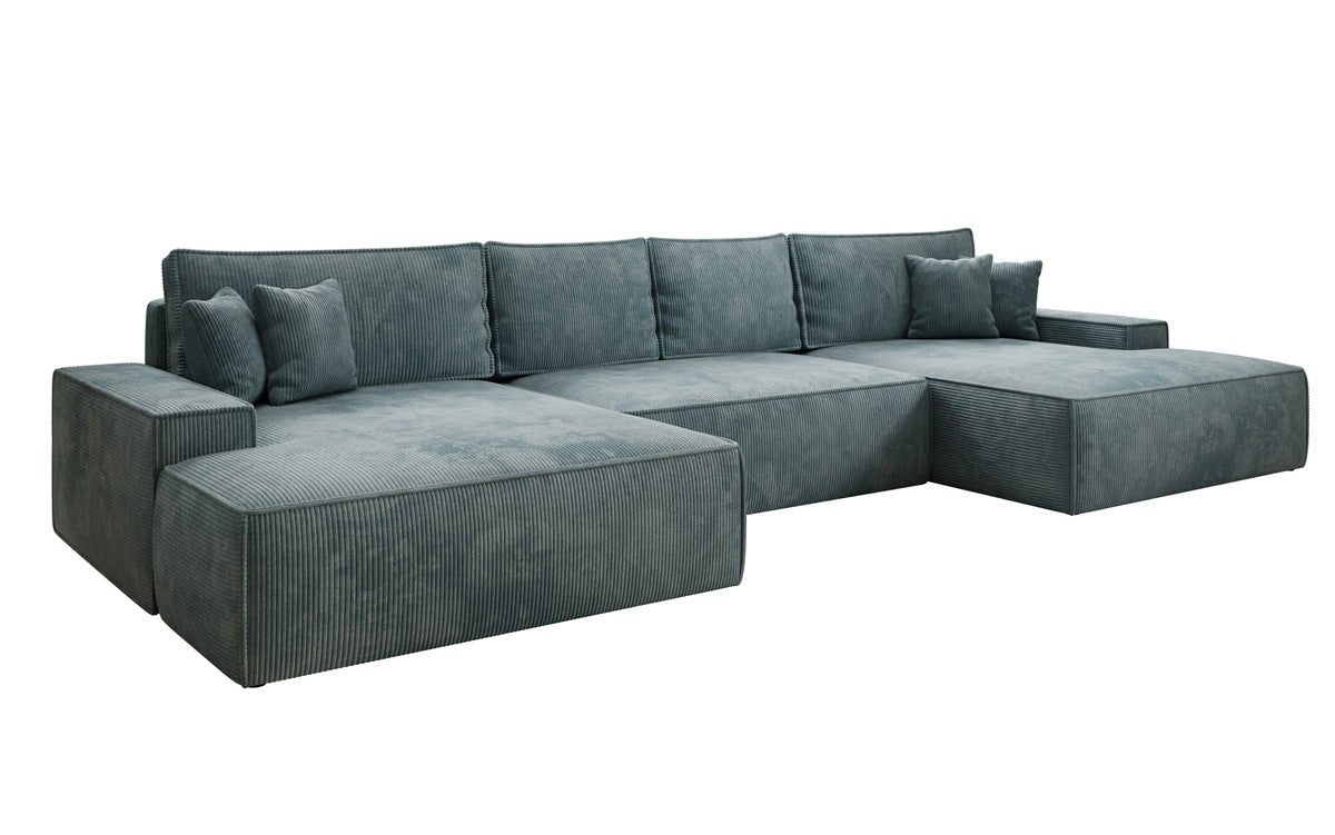 Designsofa Verona U met brede ottomane, slaapfunctie en opbergruimte in Ribstof