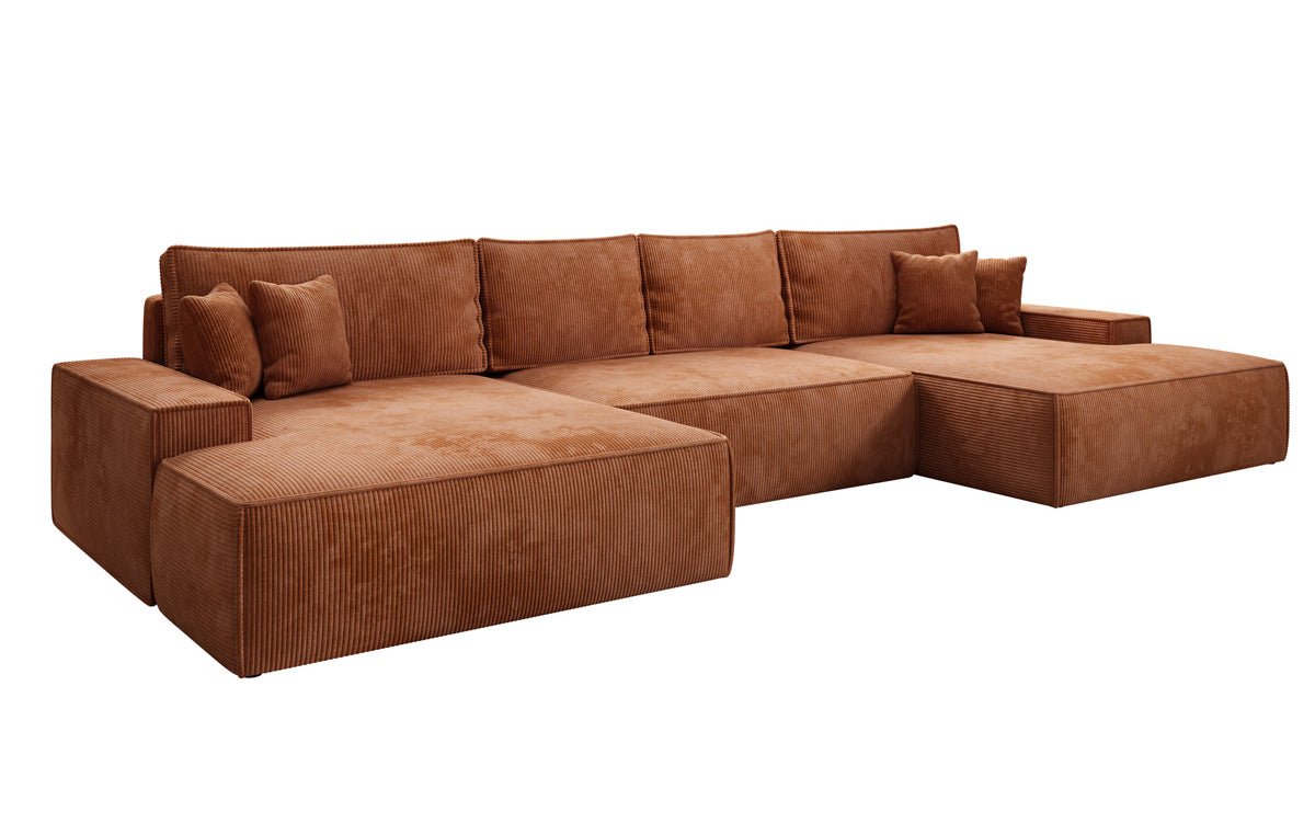 Designsofa Verona U met brede ottomane, slaapfunctie en opbergruimte in Ribstof