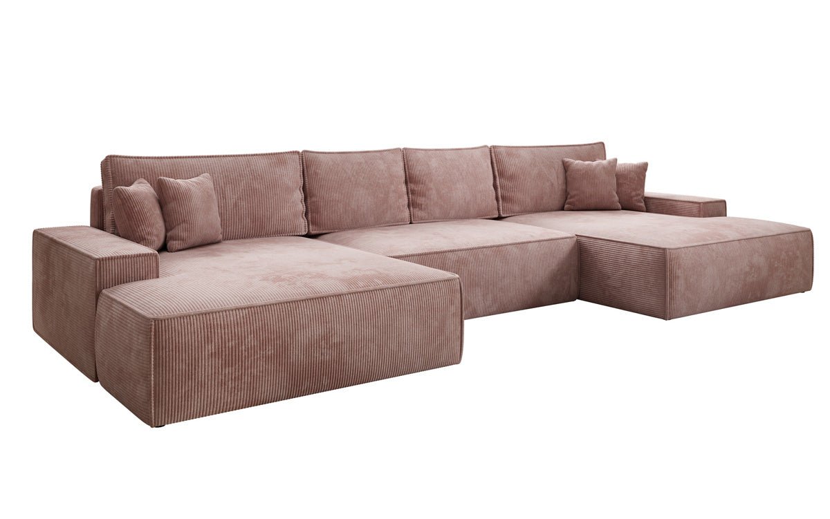 Designsofa Verona U met brede ottomane, slaapfunctie en opbergruimte in Ribstof