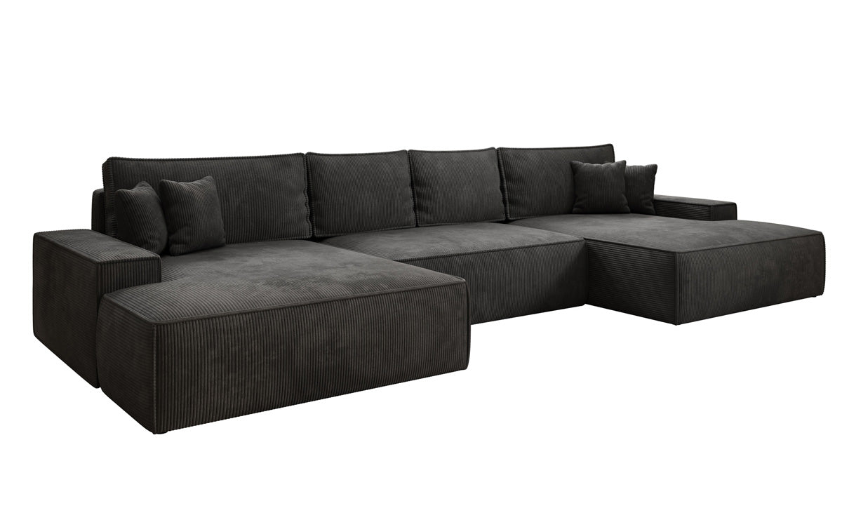 Designsofa Verona U met brede ottomane, slaapfunctie en opbergruimte in Ribstof