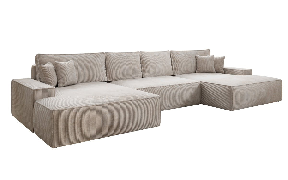 Designsofa Verona U met brede ottomane, slaapfunctie en opbergruimte in Ribstof