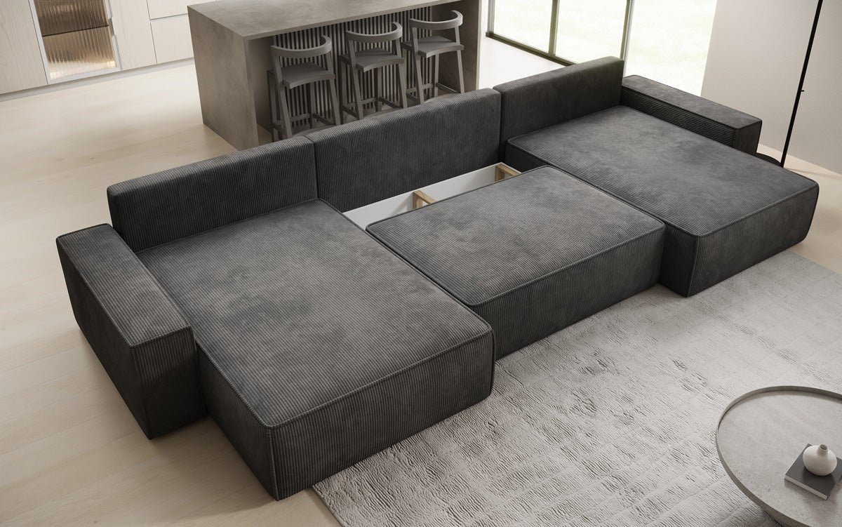 Designer Sofa Lunaro U mit Schlaffunktion und Stauraum in Cord