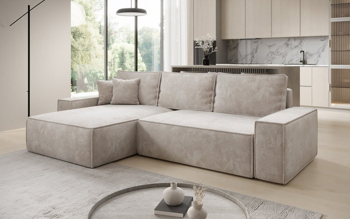Designer hoekbank Lunaro met slaap- en uitklapfunctie in Ribstof