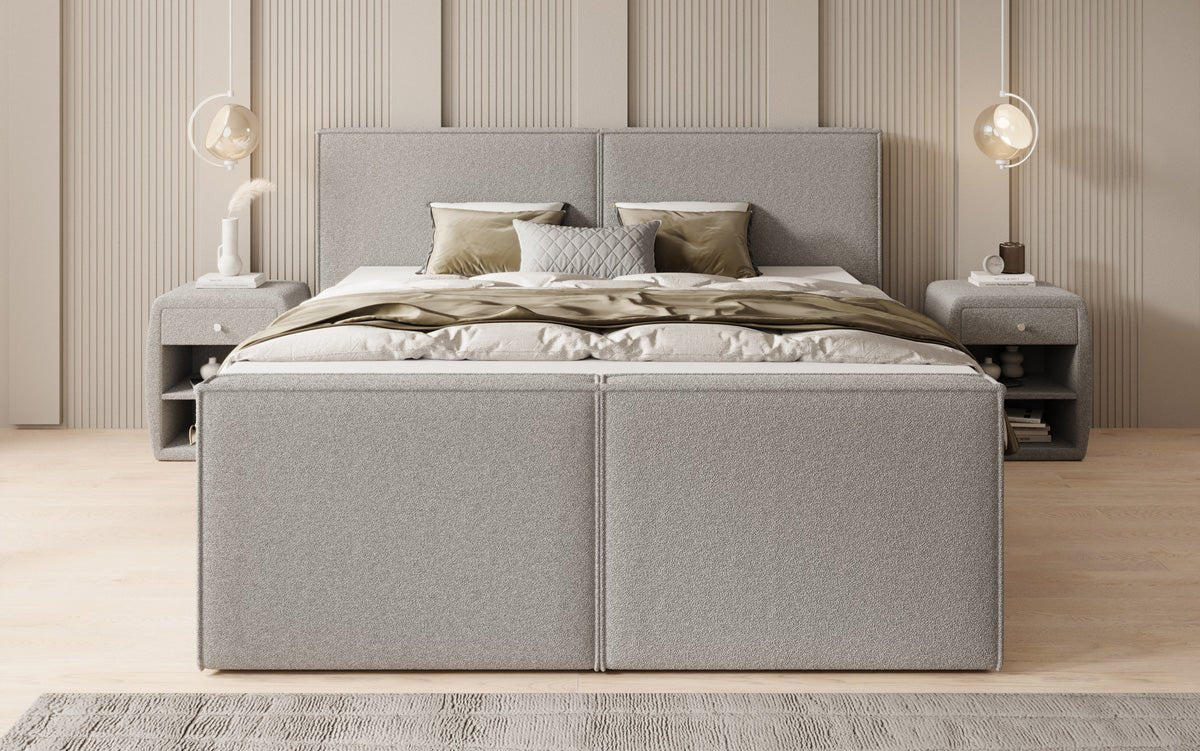 Boxspringbed Ophelia II met opklapbare opbergruimte in Teddystof Bouclé