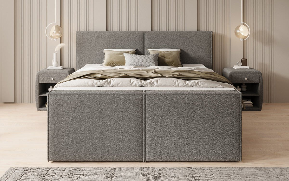 Boxspringbed Ophelia II met opklapbare opbergruimte in Teddystof Bouclé