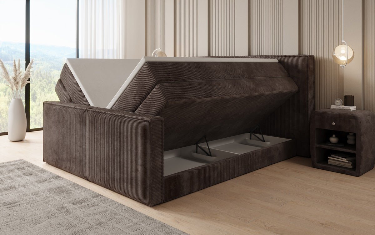 Boxspringbed Ophelia II met opklapbare opbergruimte in Ribstof