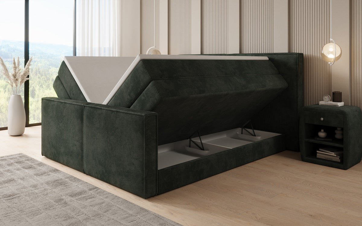 Boxspringbed Ophelia II met opklapbare opbergruimte in Ribstof