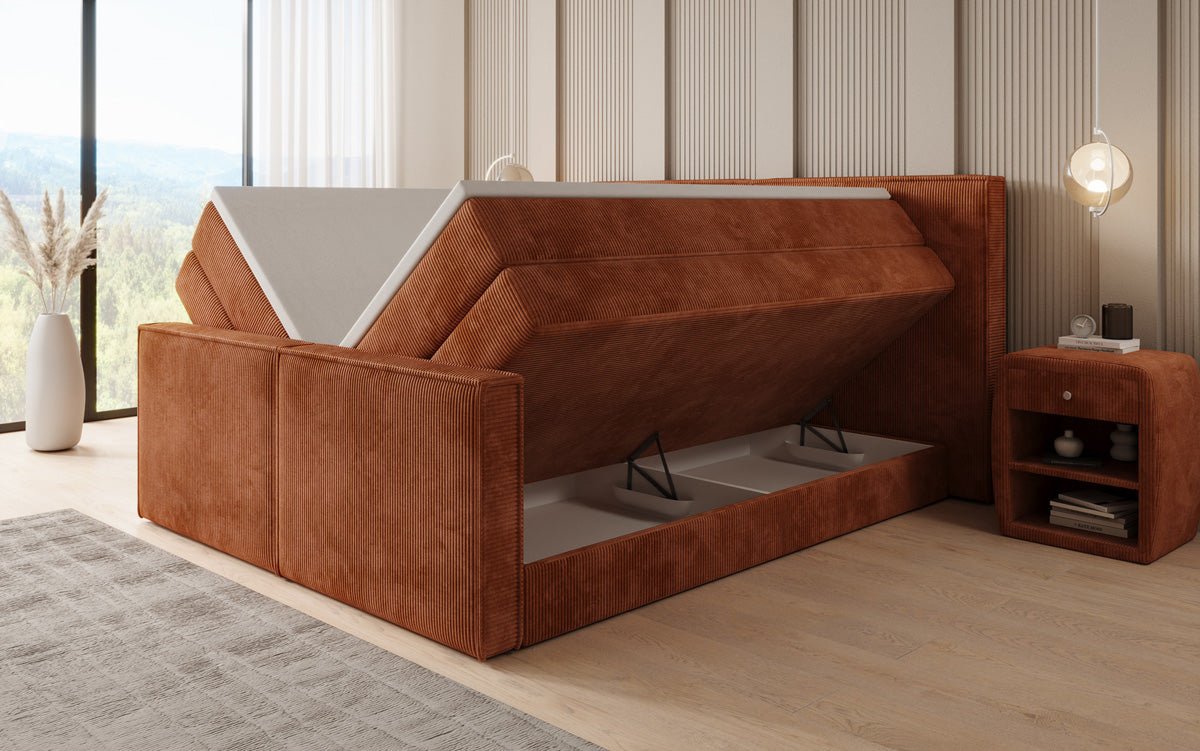 Boxspringbed Ophelia II met opklapbare opbergruimte in Ribstof